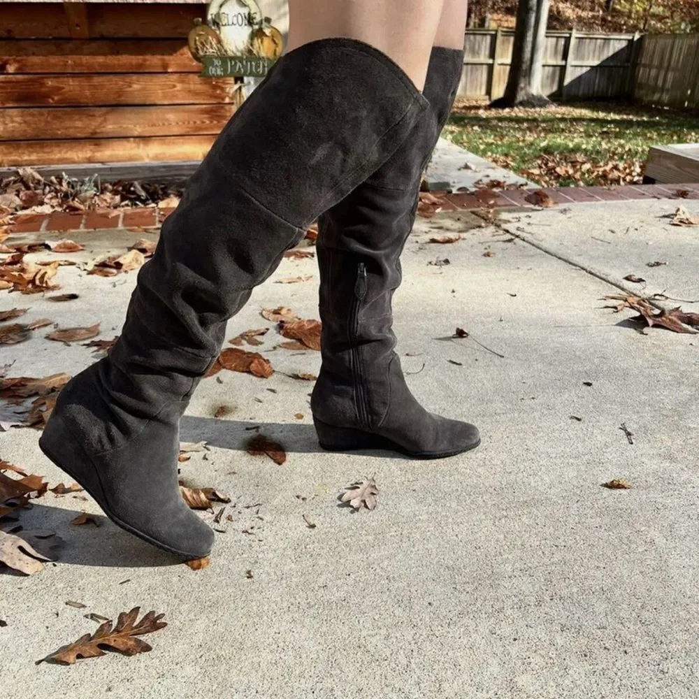 Franco Sarto Abela Suede Over-the-Knee Charcoal Gray Zip Boots Sz 6